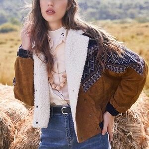 Zaful Tan/Navy Teddy Jacket with Patterned Shoulders. Excellent Condition Size 8